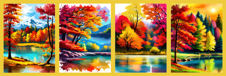 Watercolor landscape. Autumn forest on the lake shore vector illustration autumnal trees on the shore of calm forestのイラスト素材