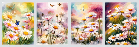 Field spring wildflowers chamomile close-up with flying butterflies, illuminated in the morning, vector illustrationの写真素材