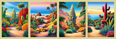 Cactus garden with a variety of succulents, cacti and other desert plants, with a blooming desert roseの写真素材