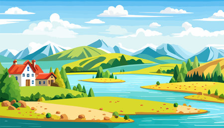 Vector illustration of a house in a rural area surrounded by panoramic meadows, mountains, and idyllic countryside.のイラスト素材