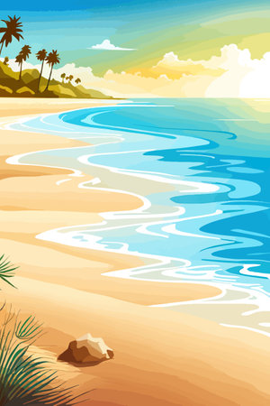 Top view of the summer sea beach. Top view of the ocean beach with soft waves. Beautiful background with shellsのイラスト素材