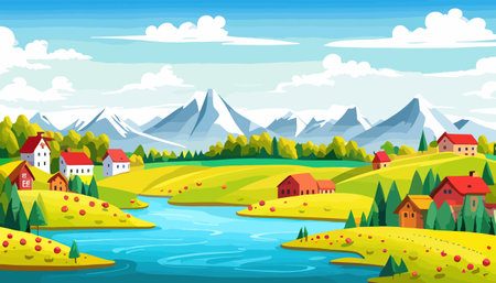 Vector illustration of a house in a rural area surrounded by panoramic meadows, mountains, and idyllic countryside.のイラスト素材