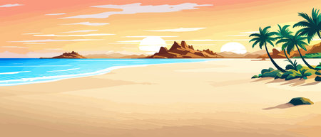 Top view of the summer sea beach. Top view of the ocean beach with soft waves. Beautiful background with shellsのイラスト素材