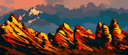 Vector autumn horizontal landscape with fog, forest, spruce, fir and morning sunlight. Autumn season Silhouette, fogのイラスト素材
