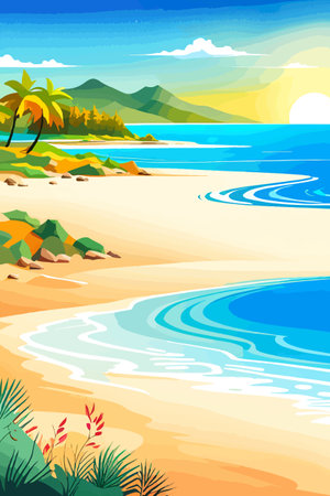 Top view of the summer sea beach. Top view of the ocean beach with soft waves. Beautiful background with shellsのイラスト素材
