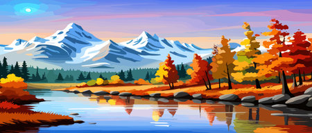 Autumn landscape with trees, mountains, fields, leaves. Rural landscape. Autumn background. Vector illustrationのイラスト素材