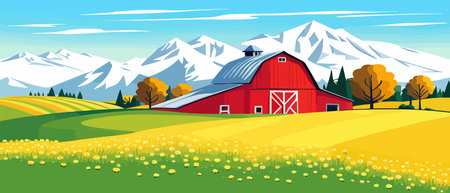 Landscape of green fields of farmland, barns and farms, rural houses. Vector grassland with buildings, green grassのイラスト素材