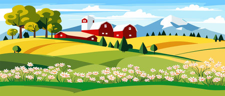 Landscape of green fields of farmland, barns and farms, rural houses. Vector grassland with buildings, green grassのイラスト素材