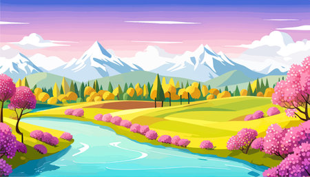 Nature and landscape. Vector illustration of trees, forest, mountains, flowers, plants, field. Picture for backgroundのイラスト素材