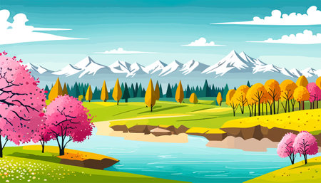 Nature and landscape. Vector illustration of trees, forest, mountains, flowers, plants, field. Picture for backgroundのイラスト素材