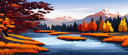 Autumn landscape with trees, mountains, fields, leaves. Rural landscape. Autumn background. Vector illustrationのイラスト素材