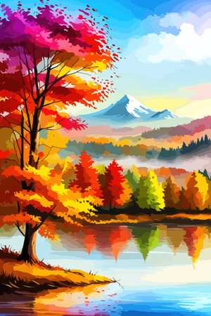 Watercolor landscape. Autumn forest on the lake shore vector illustration autumnal trees on the shore of calm forestのイラスト素材
