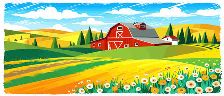 Landscape of green fields of farmland, barns and farms, rural houses. Vector grassland with buildings, green grassのイラスト素材