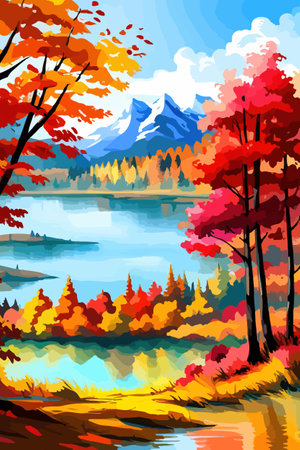 Watercolor landscape. Autumn forest on the lake shore vector illustration autumnal trees on the shore of calm forestのイラスト素材