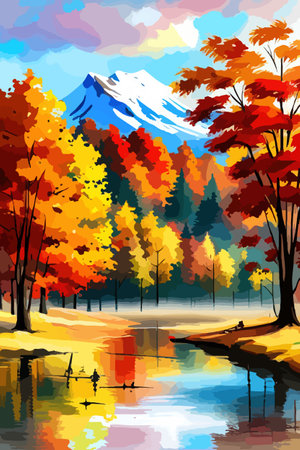 Watercolor landscape. Autumn forest on the lake shore vector illustration autumnal trees on the shore of calm forestのイラスト素材