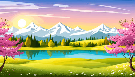 Nature and landscape. Vector illustration of trees, forest, mountains, flowers, plants, field. Picture for backgroundのイラスト素材
