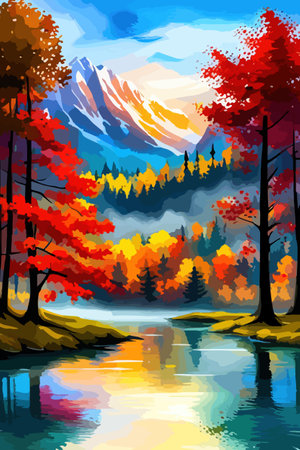 Watercolor landscape. Autumn forest on the lake shore vector illustration autumnal trees on the shore of calm forestのイラスト素材