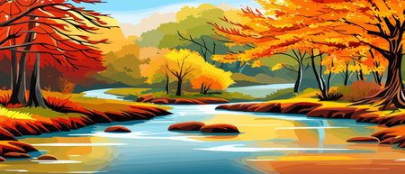 Autumn landscape with trees, mountains, fields, leaves. Rural landscape. Autumn background. Vector illustrationのイラスト素材