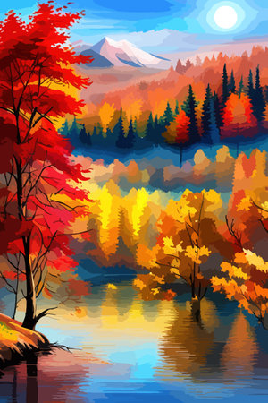 Watercolor landscape. Autumn forest on the lake shore vector illustration autumnal trees on the shore of calm forestのイラスト素材