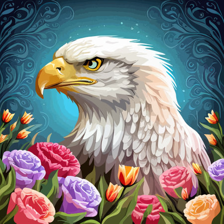 Stunning illustration of an eagle with a floral ornament. Multicolored surreal elements. close-up vector illustration.のイラスト素材