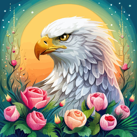 Stunning illustration of an eagle with a floral ornament. Multicolored surreal elements. close-up vector illustration.のイラスト素材