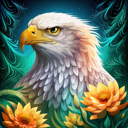 Stunning illustration of an eagle with a floral ornament. Multicolored surreal elements. close-up vector illustration.のイラスト素材