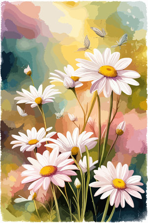Field spring wildflowers chamomile close-up with flying butterflies, illuminated in the morning, vector illustrationのイラスト素材