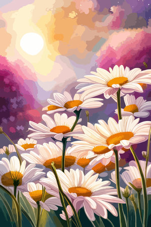 Field spring wildflowers chamomile close-up with flying butterflies, illuminated in the morning, vector illustrationのイラスト素材