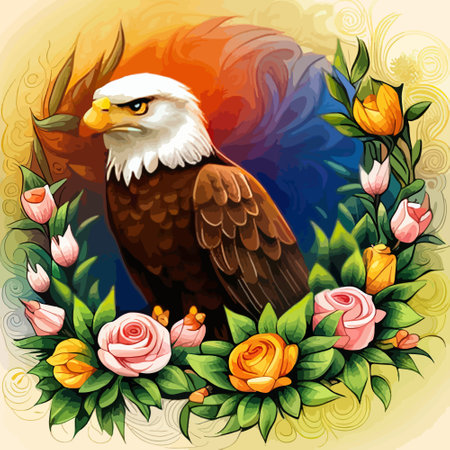 Stunning illustration of an eagle with a floral ornament. Multicolored surreal elements. close-up vector illustration.のイラスト素材