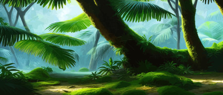 Tropical vintage botanical landscape, palm tree, vegetable flower border background. Exotic green...