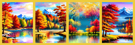 Watercolor landscape. Autumn forest on the lake shore vector illustration autumnal trees on the shore of calm forestのイラスト素材