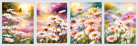Field spring wildflowers chamomile close-up with flying butterflies, illuminated in the morning, vector illustrationの写真素材