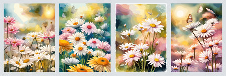 Field spring wildflowers chamomile close-up with flying butterflies, illuminated in the morning, vector illustrationの写真素材