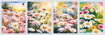 Field spring wildflowers chamomile close-up with flying butterflies, illuminated in the morning, vector illustrationの写真素材
