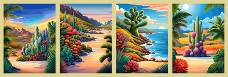 Cactus garden with a variety of succulents, cacti and other desert plants, with a blooming desert roseの写真素材