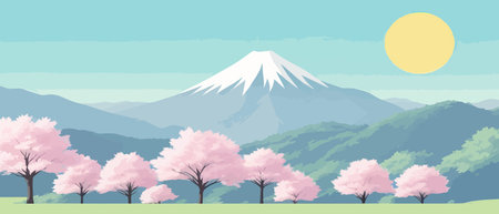Sunny spring landscape with blossoming tree on the hill. Rose petals fly from sakura. Fluffy cartoon clouds on a clearのイラスト素材