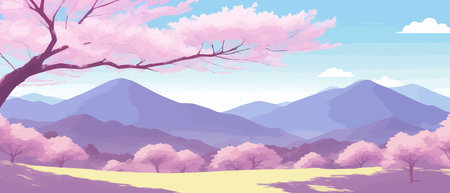Sunny spring landscape with blossoming tree on the hill. Rose petals fly from sakura. Fluffy cartoon clouds on a clearのイラスト素材