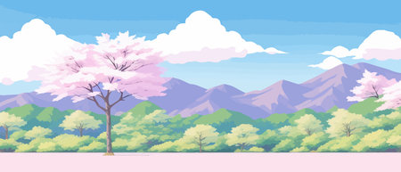 Sunny spring landscape with blossoming tree on the hill. Rose petals fly from sakura. Fluffy cartoon clouds on a clearのイラスト素材
