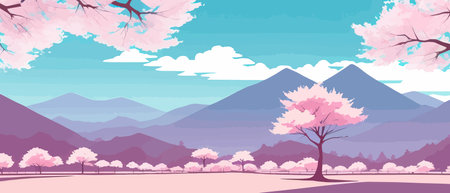 Sunny spring landscape with blossoming tree on the hill. Rose petals fly from sakura. Fluffy cartoon clouds on a clearのイラスト素材