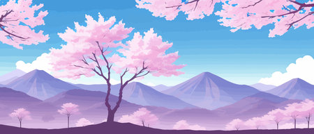 Sunny spring landscape with blossoming tree on the hill. Rose petals fly from sakura. Fluffy cartoon clouds on a clearのイラスト素材