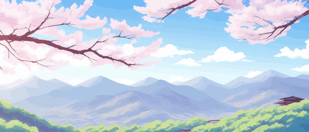 Sunny spring landscape with blossoming tree on the hill. Rose petals fly from sakura. Fluffy cartoon clouds on a clearのイラスト素材