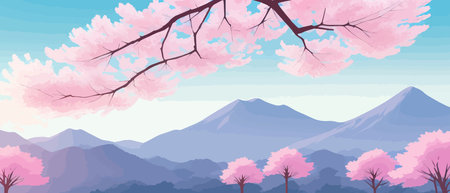 Sunny spring landscape with blossoming tree on the hill. Rose petals fly from sakura. Fluffy cartoon clouds on a clearのイラスト素材