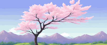 Sunny spring landscape with blossoming tree on the hill. Rose petals fly from sakura. Fluffy cartoon clouds on a clearのイラスト素材