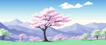 Sunny spring landscape with blossoming tree on the hill. Rose petals fly from sakura. Fluffy cartoon clouds on a clearのイラスト素材