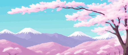 Sunny spring landscape with blossoming tree on the hill. Rose petals fly from sakura. Fluffy cartoon clouds on a clearのイラスト素材