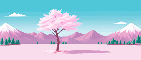 Sunny spring landscape with blossoming tree on the hill. Rose petals fly from sakura. Fluffy cartoon clouds on a clearのイラスト素材