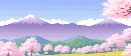 Sunny spring landscape with blossoming tree on the hill. Rose petals fly from sakura. Fluffy cartoon clouds on a clearのイラスト素材