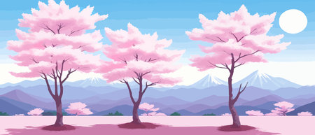 Sunny spring landscape with blossoming tree on the hill. Rose petals fly from sakura. Fluffy cartoon clouds on a clearのイラスト素材