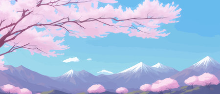 Sunny spring landscape with blossoming tree on the hill. Rose petals fly from sakura. Fluffy cartoon clouds on a clearのイラスト素材