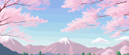Sunny spring landscape with blossoming tree on the hill. Rose petals fly from sakura. Fluffy cartoon clouds on a clearのイラスト素材